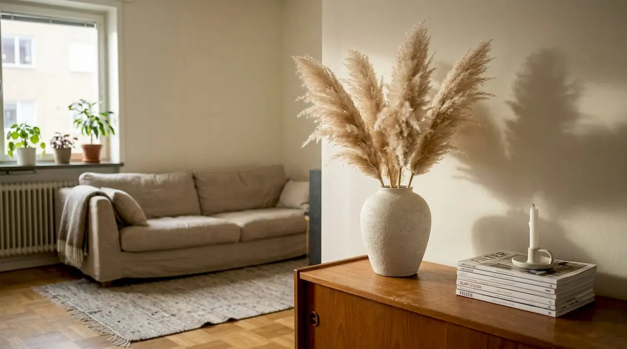 Prydnadsgräs som pampasgräs ger vardagsrummet en modern och stilren känsla – perfekt för dig som vill ta in lite natur och skapa en trendig, skandinavisk atmosfär hemma.