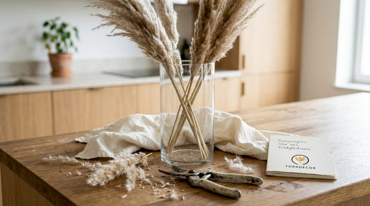 Någon står vid köksbänken och gör i ordning pampasgräs.