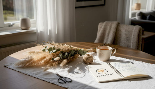En kvinna står vid bordet och arrangerar torkade blommor med varsam hand.