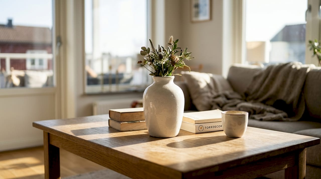 En vit lerkruka med naturliga detaljer pryder soffbordet och ger rummet en harmonisk känsla.
