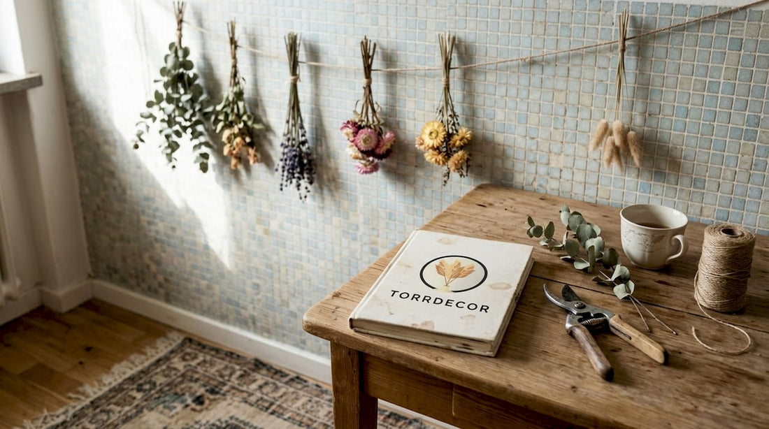 En person hänger upp blomsterbuketter på ett snöre i köket.