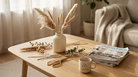 En person gör fina bukettarrangemang med olika teman och placerar dem i vardagsrummet.