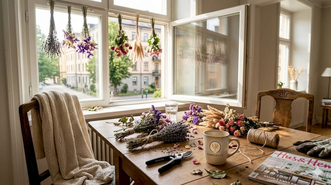 Någon har hängt upp blommor på tork i sin lägenhet.