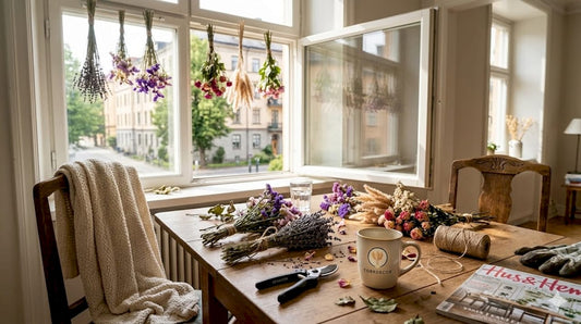 Någon har hängt upp blommor på tork i sin lägenhet.