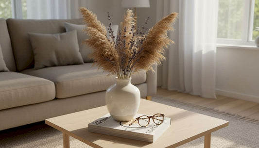 En kvinna fixar till en bukett torkade blommor i vardagsrummet.