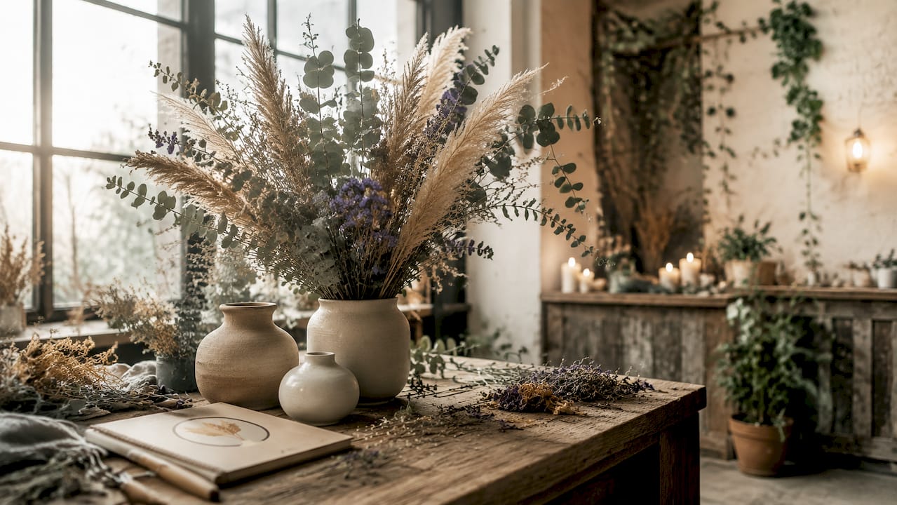 I blomsterbutiken står floristen och skapar vackra arrangemang med torkade blommor.