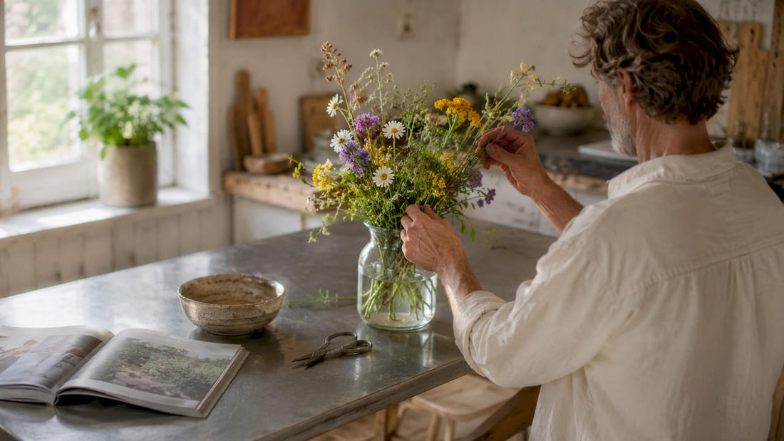 En kvinna står i vardagsrummet och arrangerar blommor i en vas.