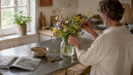 En kvinna står i vardagsrummet och arrangerar blommor i en vas.