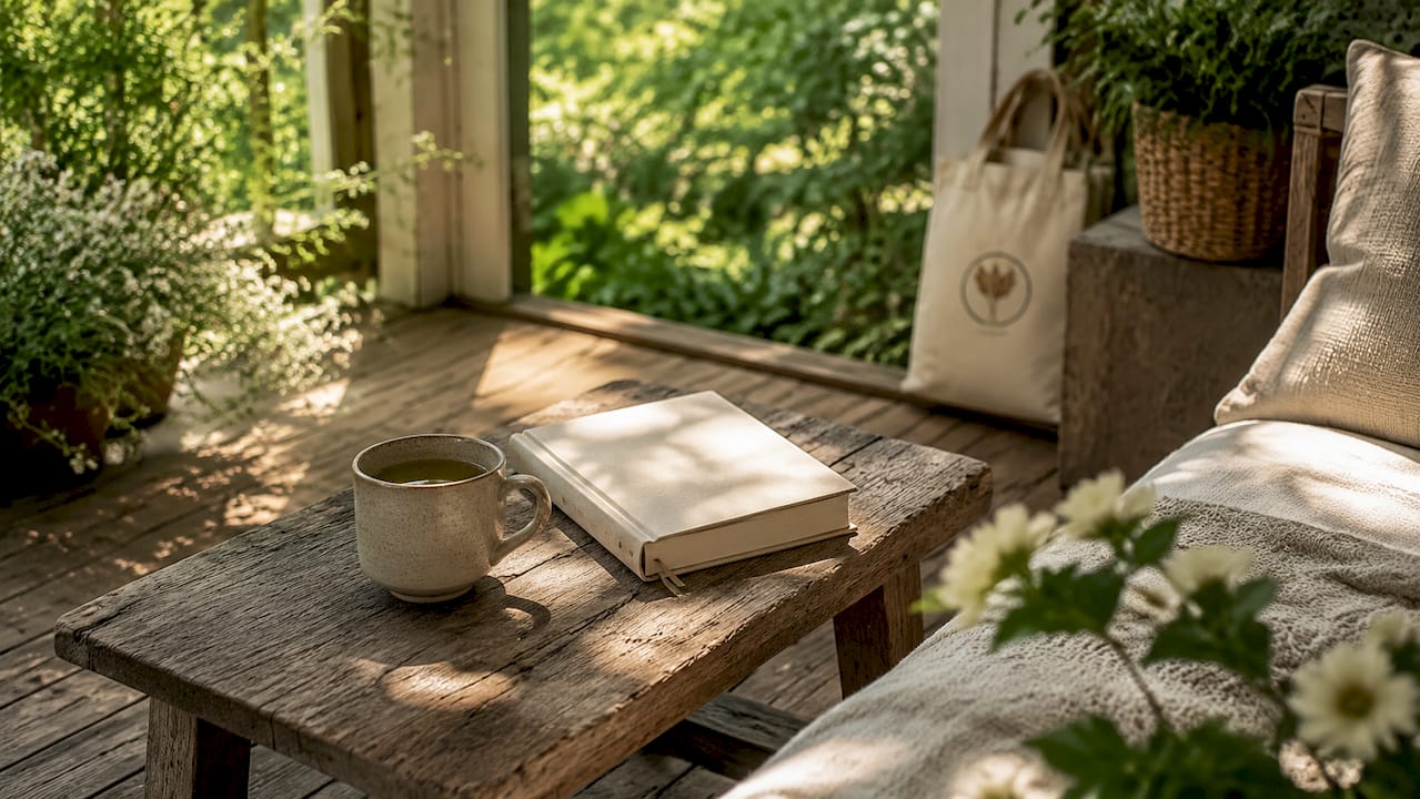 Ett ombonat vardagsrum med inslag av naturmaterial, där någon sitter och försjunken läser en bok.