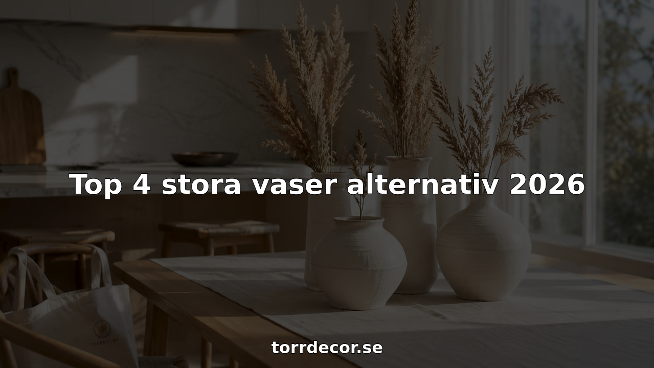 Fyra stora vita keramikvaser står uppställda på ett träbord och blir en fin inredningsdetalj.