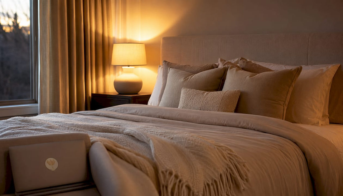 Ett elegant sovrum bäddat med hotellkänsla – helt utan människor i bild.