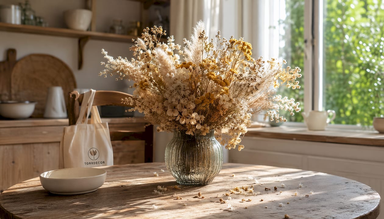 En stor bukett torkade blommor står i en vas mitt på bordet.