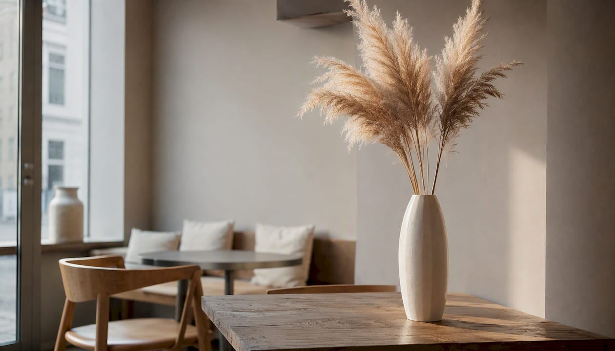 En stilren keramikvas med pampasgräs sätter tonen i receptionen och skapar en välkomnande atmosfär på kontoret.