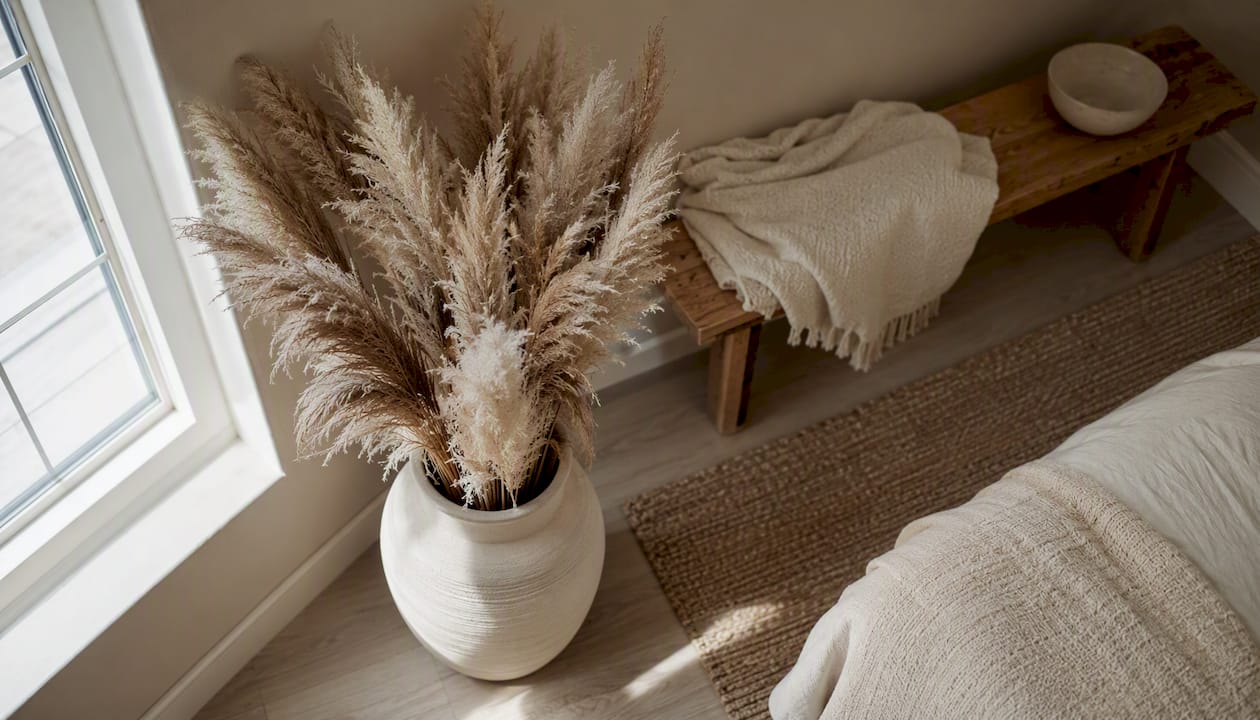 Ett harmoniskt, beige inrett rum med torkad pampasgräs som elegant detalj.