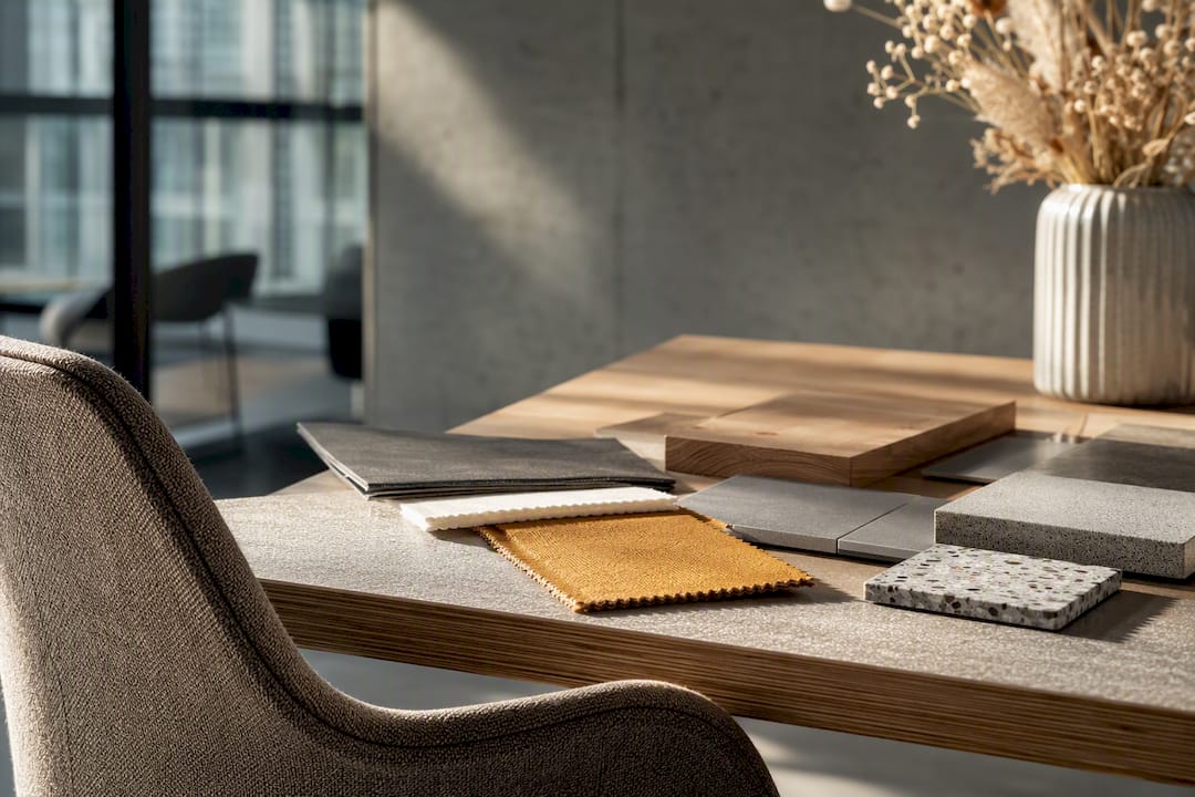 Kontorsmiljö med fokus på hållbarhet med materialprover och möbler