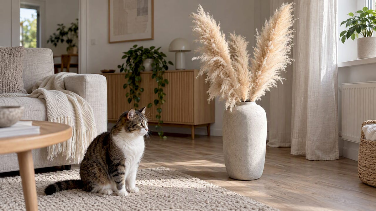 Katt bredvid pampasgräs i vardagsrummet