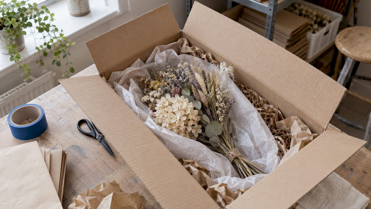 Kartong med skyddade torkade blommor