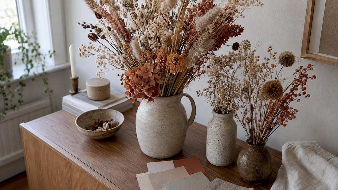 Torkade blommor i en varm och harmonisk färgskala