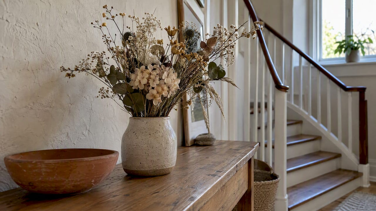 Torkade och konserverade blommor på en hylla