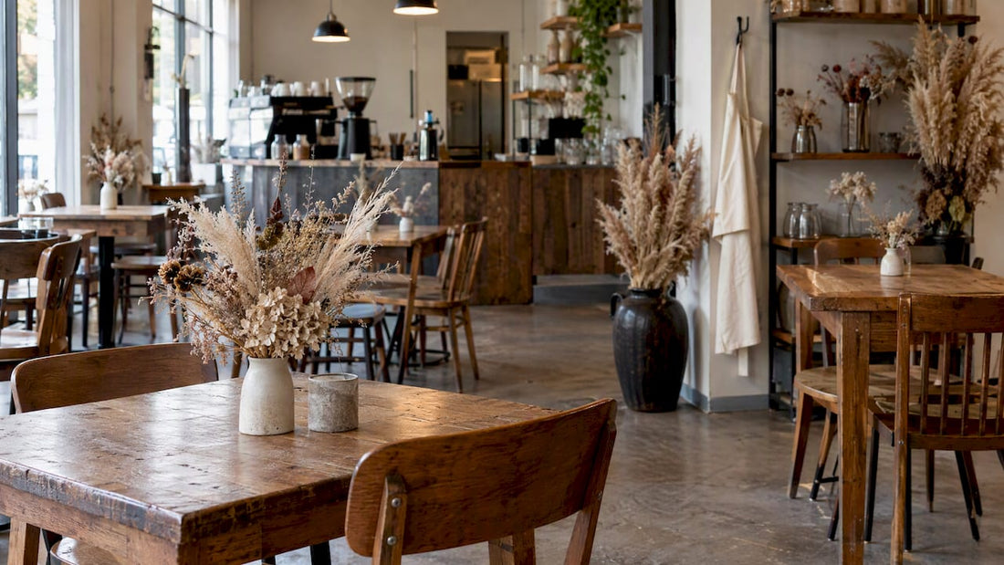 Torkade blomsterarrangemang i caféets dekor