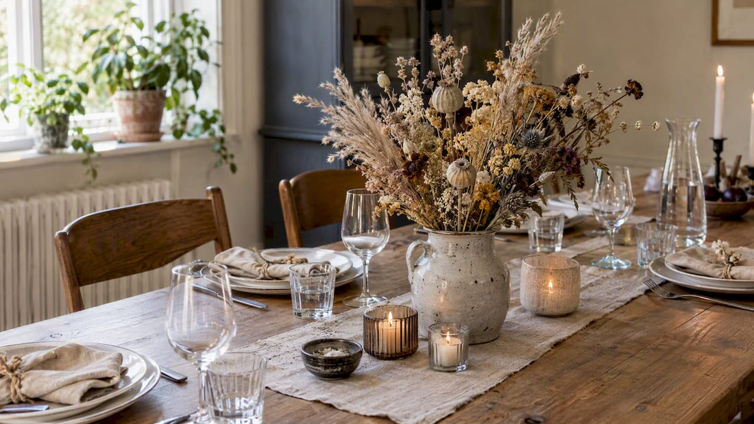 Festbord med torkade blommor som mittpunkt