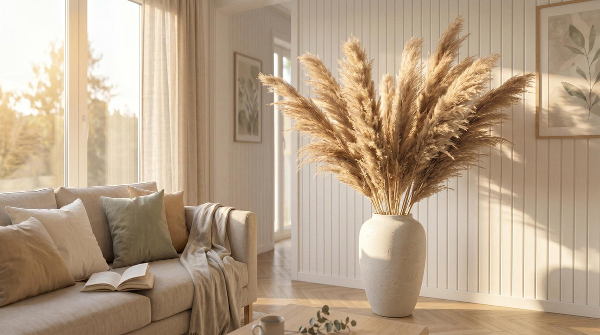 En stor vas med cirka 10 pampasgräs i 110cm i ett vardagsrum under golden hour